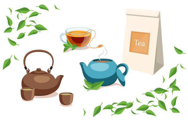 绿色天然茶叶白色背景。矢量热香茗杯，棕色和蓝色茶壶，纸袋卡通风格。图片下载