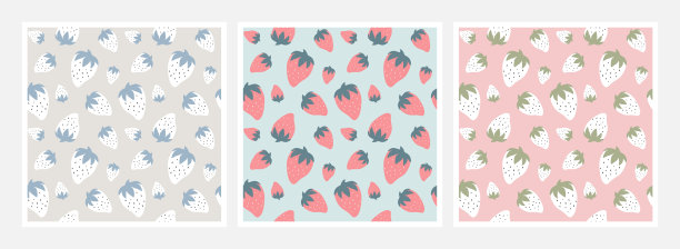 一套可爱的无缝图案与草莓在手绘风格图片下载