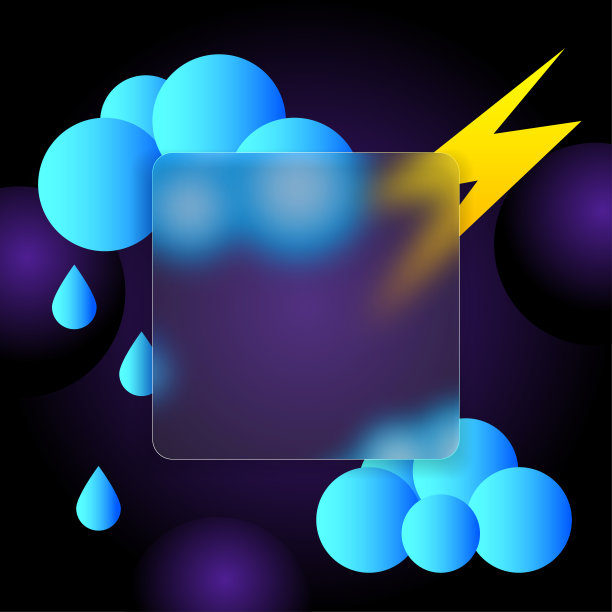 玻璃形态概念与云，雨滴和闪电。软磨砂透明玻璃效果矢量。图片下载