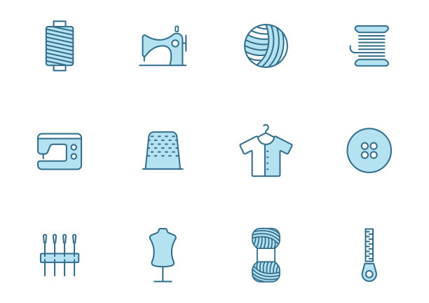 缝纫线填充矢量图标在两种颜色孤立在白色背景。缝纫蓝色图标设置网页设计，ui，移动应用程序，打印测谎仪和促销业务图片下载