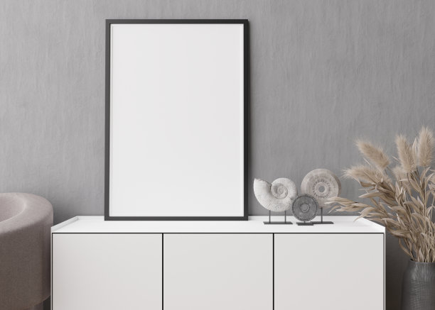 现代客厅灰色混凝土墙面上的空垂直画框。模拟室内在极简主义，斯堪的纳维亚风格。图片的自由空间。控制台,蒲苇。3 d渲染。图片下载