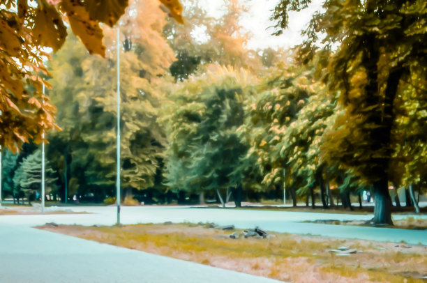 艺术写实插画的夏季公园与大量的绿色植物，树木和草地在一个阳光明媚的晴朗的日子图片下载