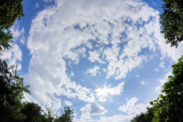 鱼眼照片蓬松的阳光灿烂的一天云。图片下载