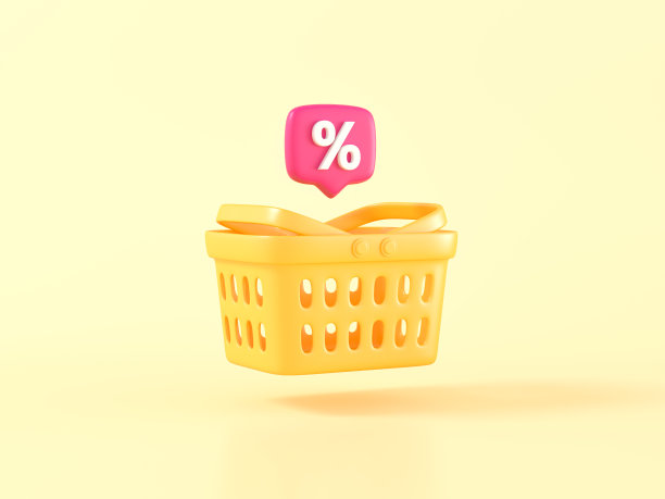 购物车与百分比针黄色背景。社交网络的概念概念。销售旗帜。三维渲染图片下载