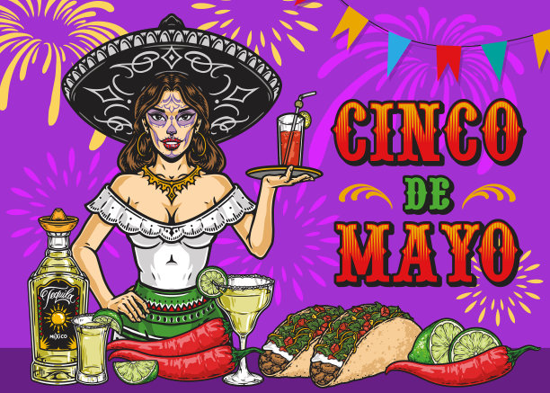 拿着鸡尾酒旗的墨西哥女招待图片下载