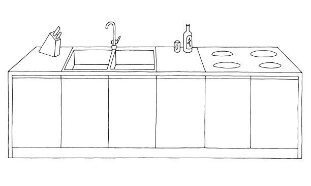 厨房岛图形黑白家庭室内草图孤立插图矢量图片下载