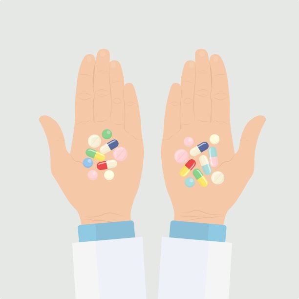 医生的手与药丸，胶囊，药片，抗生素。药店的概念。矢量设计图片下载