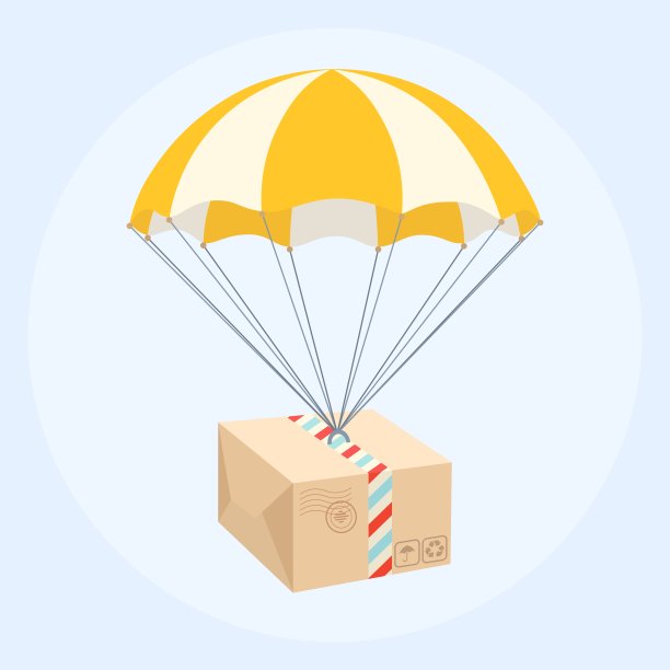 包裹带着降落伞从天而降。送货服务。矢量设计图片下载