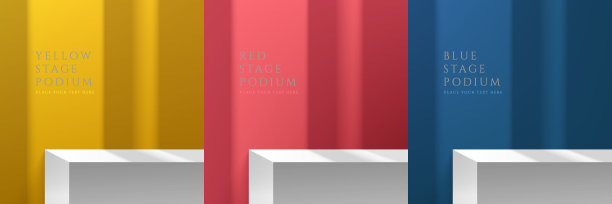 一套现实的白色桌子书桌在抽象的3D房间黄色，深蓝色和红色。矢量绘制几何形式。最小的墙场景与阴影覆盖。舞台展示，产品展示。图片下载