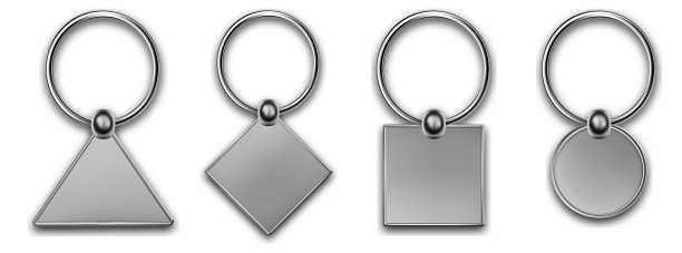 金属钥匙环与其他形状，皮革钥匙扣，持有人小饰品与金属环钥匙。银色配件。现实的模板金属钥匙链集。空白附件用于企业标识。图片下载