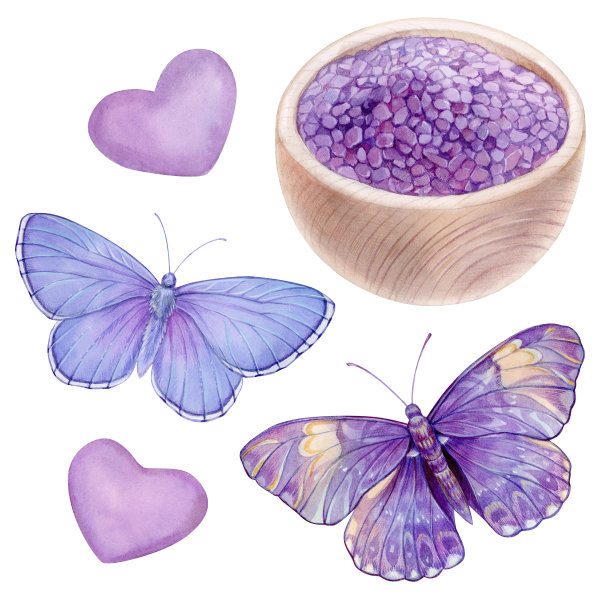 丁香浴盐和蝴蝶，水彩画图片下载