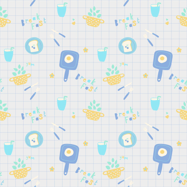鸡蛋，面包的无缝图案。早餐图标的食物模式集。可爱的涂鸦元素。儿童插图。厨房的工具。图片下载