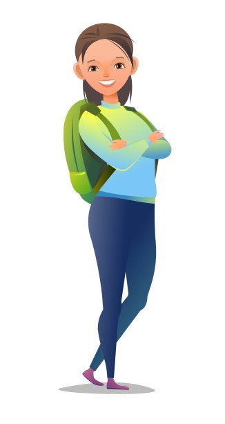 小女孩背包客。背着背包的少年。开朗的人。站立姿势。漫画风格的平面设计。单个的字符。插图孤立在白色背景上。向量图片下载