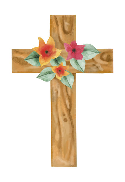 水彩手画神圣象征十字架与花，玫瑰，郁金香花蕾。春时月画。图片下载