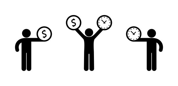 矢量图标人、时间和金钱，孤立的商业图标，棍子图形人持有时钟和硬币图片下载