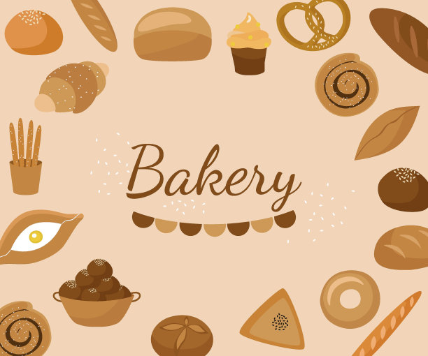 采购产品烘焙，糕点，面包和糖果产品，面包，长棍面包，面包，牛角包，蛋糕，哈切布里。横幅,海报,贴纸。矢量图是孤立的图片下载