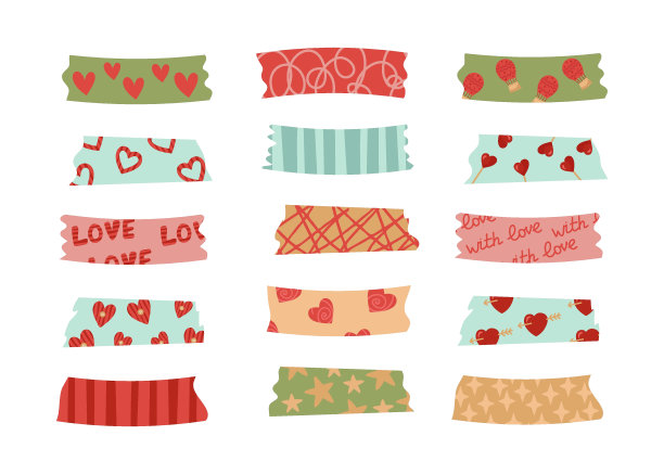 带有浪漫图案的情人节washi磁带。用于笔记，组织者，计划者，剪贴簿。矢量插图在节日装饰，设计或装饰的卡通风格在2月14日。图片下载