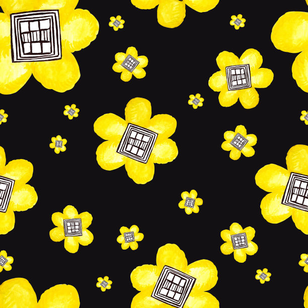 水彩图案与黄色的花和一个几何正方形在黑色背景为您的设计和织物图片下载