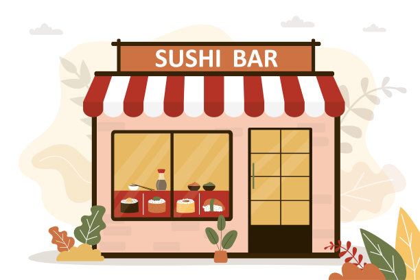 寿司吧建筑立面。咖啡馆里的亚洲传统美食。日式餐厅，菜品多种多样图片下载