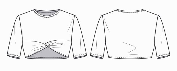 女性裁剪t恤时尚平面技术图纸模板。矢量短袖t恤时尚CAD，女人圆领上衣细节技术图纸模板。图片下载