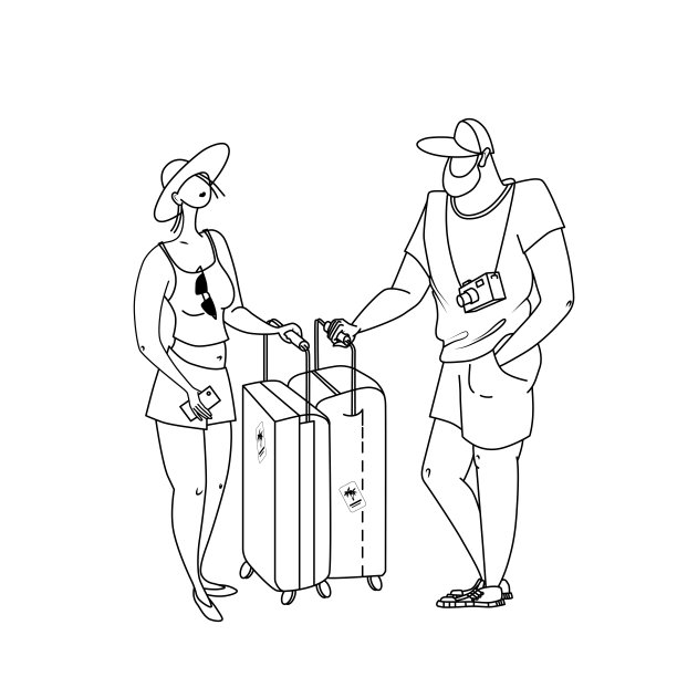年轻夫妇穿着夏装，提着箱子去度假。旅行插图概念线艺术向量。图片下载
