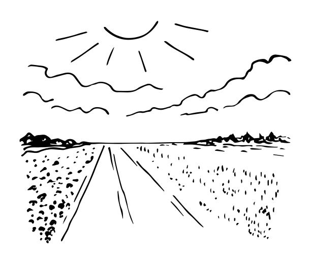 简单的手绘黑色轮廓矢量插图。夏天的风景，阳光和云彩，田野里的道路，地平线上的灌木丛。自然和旅游。草图在墨水。图片下载