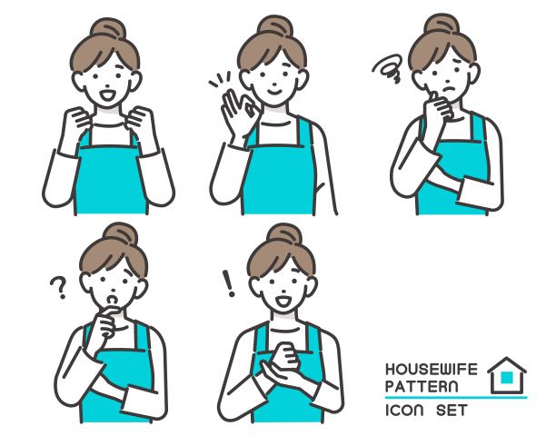 矢量插图材料/家务/一套家庭主妇(幼儿园教师，家政代理)的围裙谁采取各种面部表情和姿势图片下载