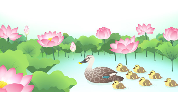 荷塘中游泳的斑嘴鸭一家人图片下载