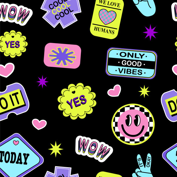 抽象潮人酷新潮的背景与复古贴纸矢量设计。酷炫新潮的复古贴纸，笑脸，卡通标签贴纸。几何形状的时髦复古贴纸图片下载