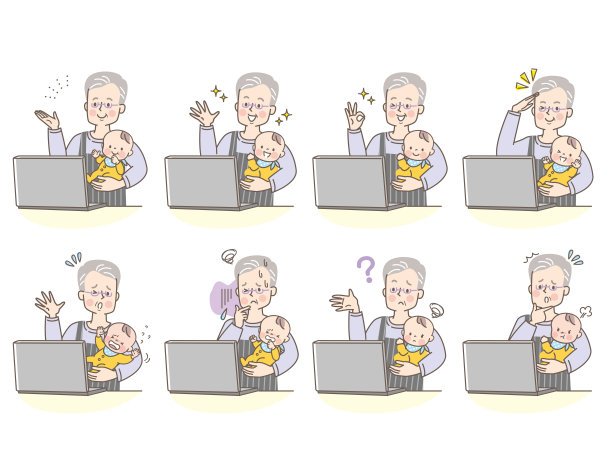 高级男子抱着婴儿看着电脑的面部表情集图片下载