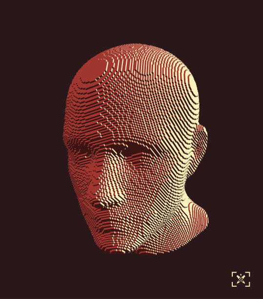 从立方体构造抽象数字人头。极简设计的商业演示，传单或海报。技术和机器人概念。体素的艺术。3 d矢量插图。图片下载