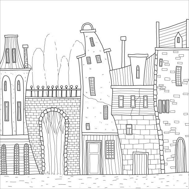 可爱的街道，有咖啡馆、房子、桥和树。图片下载