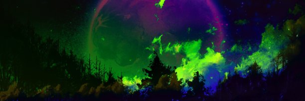 美丽的夜空景观插图和神秘的月亮超越剪影的森林图片下载