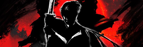 kirie风格的年轻武士与敌人战斗的手绘插图图片下载