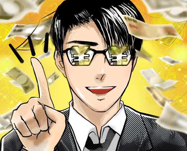 漫画风格的插图，一位英俊的眼镜经济学家给出如何赚钱的建议。图片下载