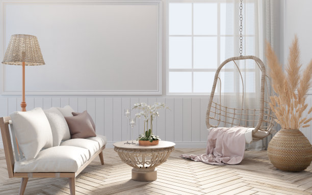 简约风格的客厅室内背景和沙发在地板上木质，3d渲染图片下载