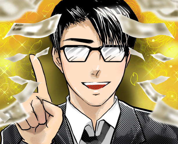 漫画风格的插图，一位英俊的眼镜经济学家给出如何赚钱的建议。图片下载