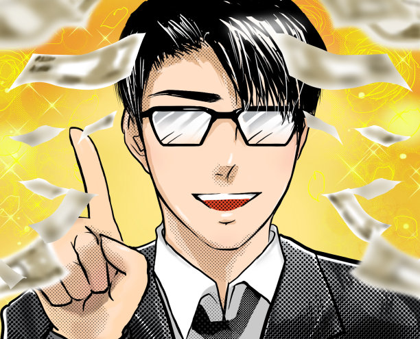 漫画风格的插图，一位英俊的眼镜经济学家给出如何赚钱的建议。图片下载