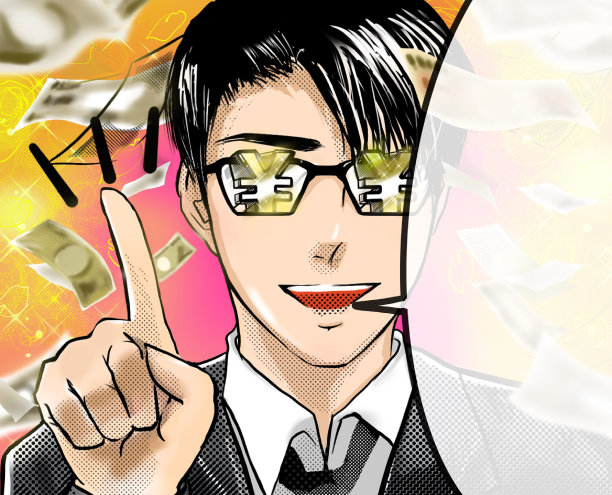 漫画风格的插图，一位英俊的眼镜经济学家给出如何赚钱的建议。图片下载