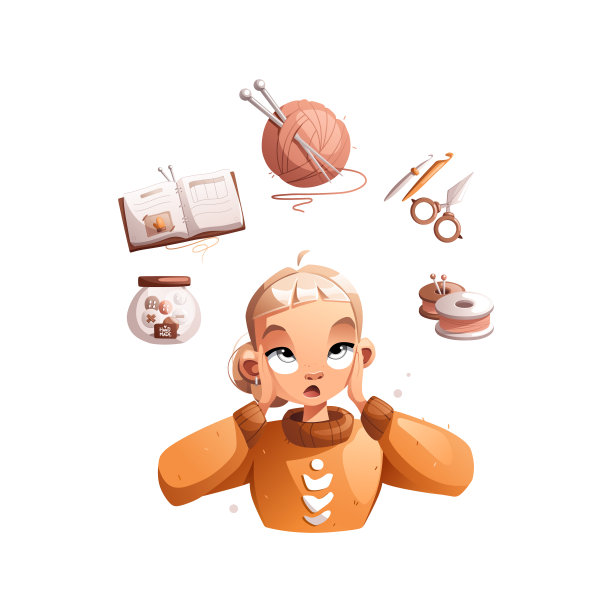 一个快乐的有创造力的卡通女孩在看到纽扣、一本书、一团羊毛、编织针、剪刀、线时感到困惑。图片下载