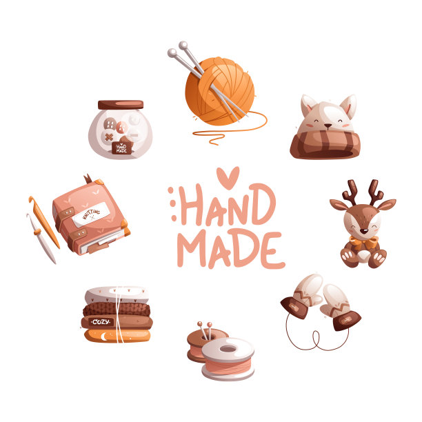 圆形组成，手工刻字及针织和针织阿米久美玩具相关元素。详细的矢量图。图片下载