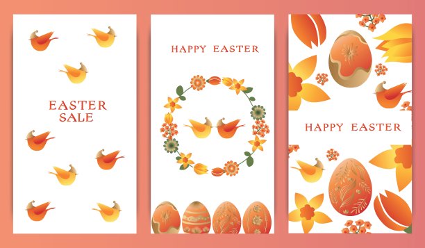 一套矢量插图，故事模板，明信片，复活节主题，兔子，花环和花，复活节彩蛋。梯度，带有文字的明信片，复活节快乐的祝愿图片下载
