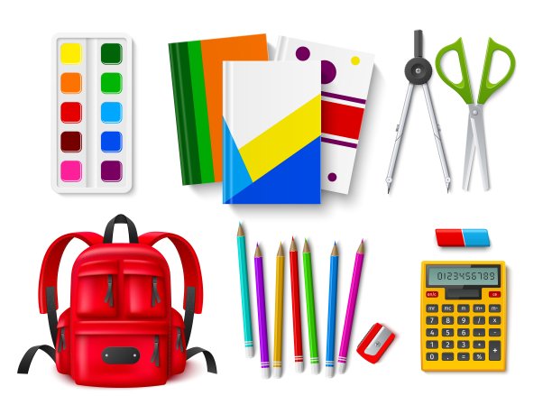 现实的学习用品。学生文具。计算器或铅笔。油漆调色板。办公室的笔记本。剪刀和指南针。明亮的书包和笔记本。向量学习附件集图片下载