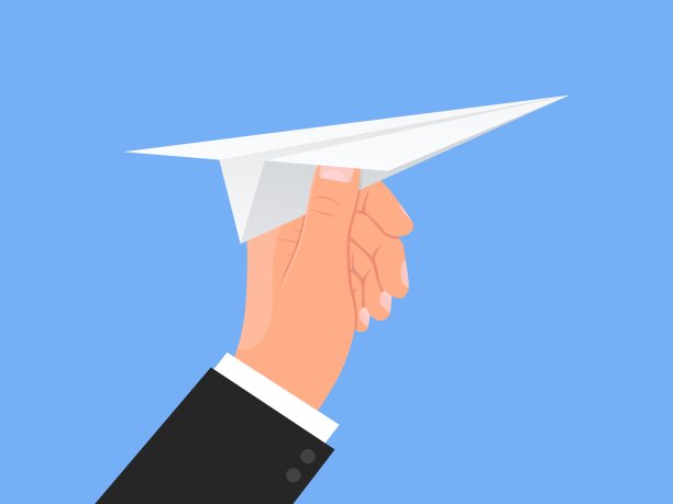 手握纸飞机。白色飞机投掷。蓝天背景。人类的手臂。折纸飞机飞行。创业的概念。启动新项目。旅行和发信息。向量的海报图片下载