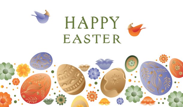 矢量插图，明信片，横幅。复活节主题，兔子，花圈和鲜花，复活节彩蛋。渐变，明信片上的文字，祝复活节快乐图片下载