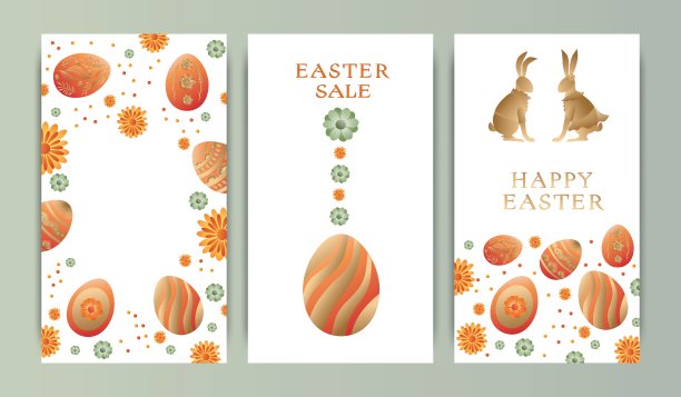 一套矢量插图，故事模板，明信片，复活节主题，兔子，花环和花，复活节彩蛋。梯度，带有文字的明信片，复活节快乐的祝愿图片下载