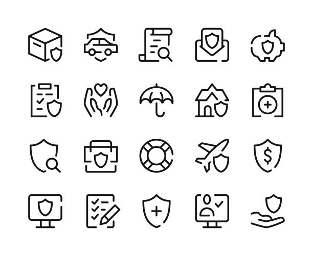 保险的图标。矢量线图标设置。汽车保险、人寿保险、健康保险的概念。轮廓符号，象形图，线性图形元素。现代设计图片下载