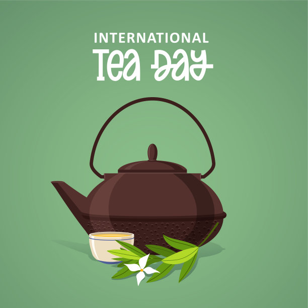 国际茶的一天。矢量贴纸标志与字母排版和茶壶，杯子和茶枝在绿色背景。印刷插图，横幅，传单，海报。图片下载