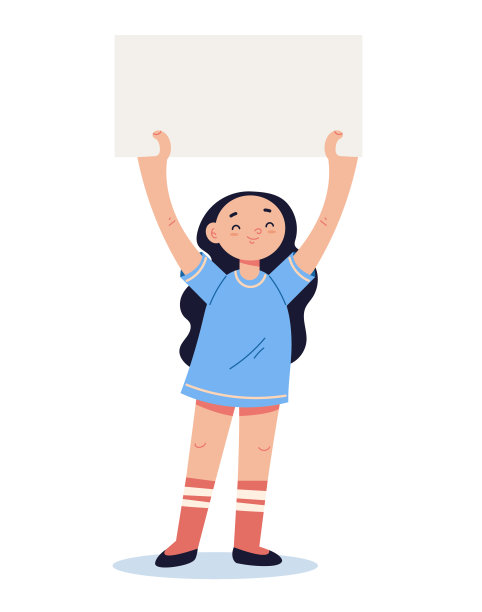 小女孩性格举着空横幅。矢量平面卡通设计元素插图图片下载