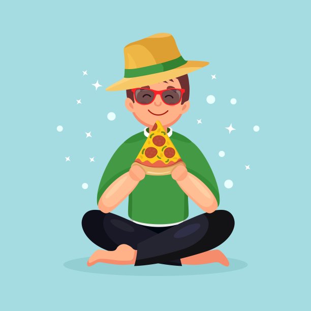 吃披萨的男人。卡通人物。矢量设计图片下载